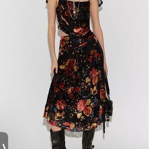 Free People Black Floral top and Maxi Skirt with Red, Gold & Blue Accents